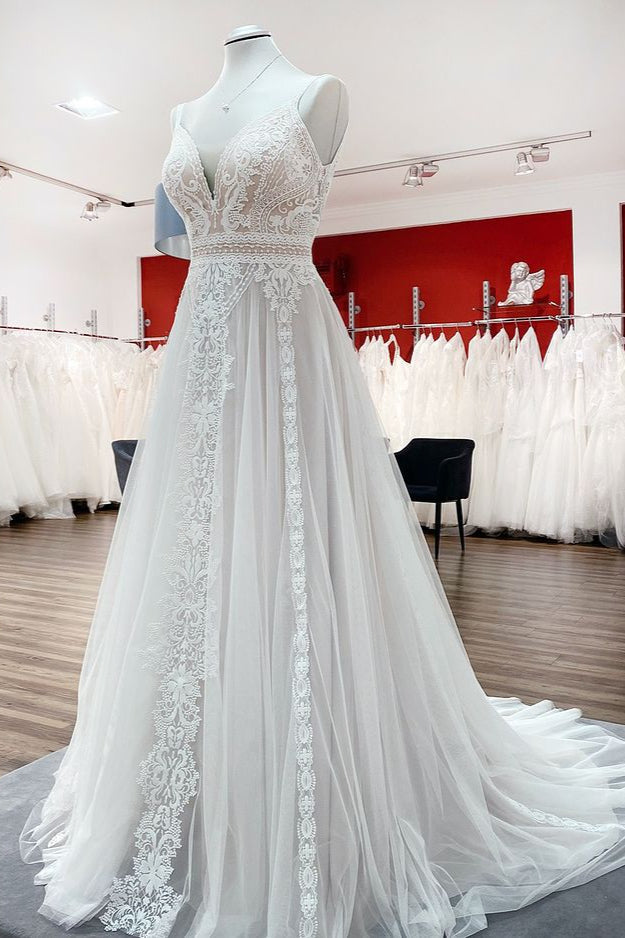 Vestidos de novia largos de tul con encaje y espalda abierta