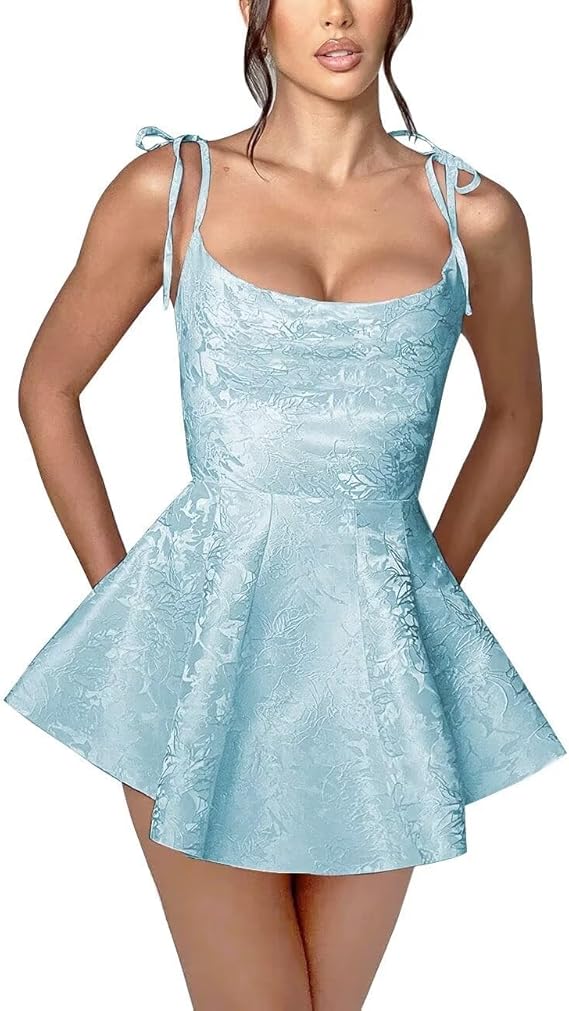 Vestido de fiesta corto de satén sin mangas con tirantes finos y corte en A para el regreso a casa. Vestidos de fiesta de jacquard.