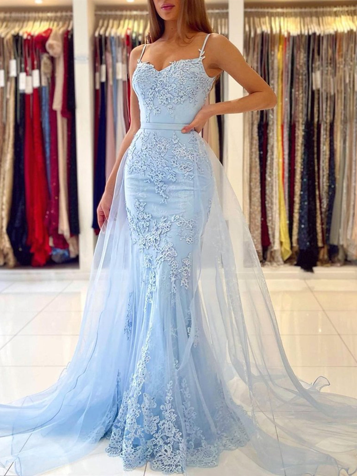 Sky Blue Long Mermaid Spaghetti Straps Tulle Lace Formal Prom Dresses