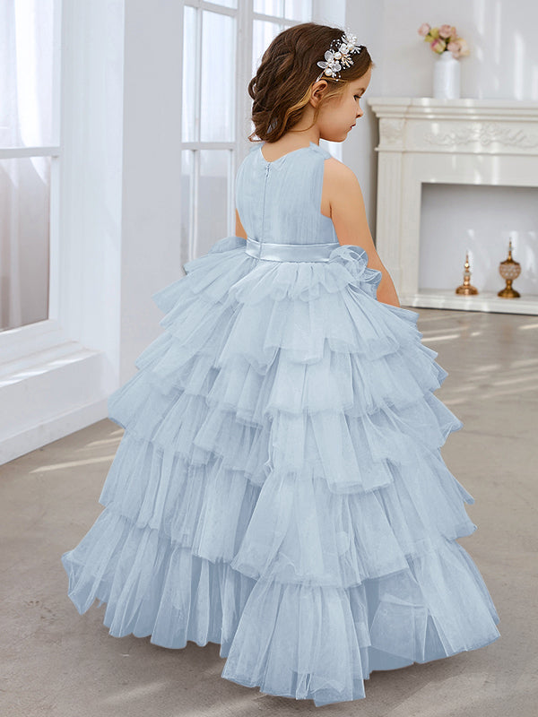 Vestido de fiesta/princesa rosa perla sin mangas con lazo de tul para niña de las flores
