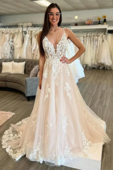 Ärmelloses A-Linien-Brautkleid mit bodenlangen Spaghettiträgern