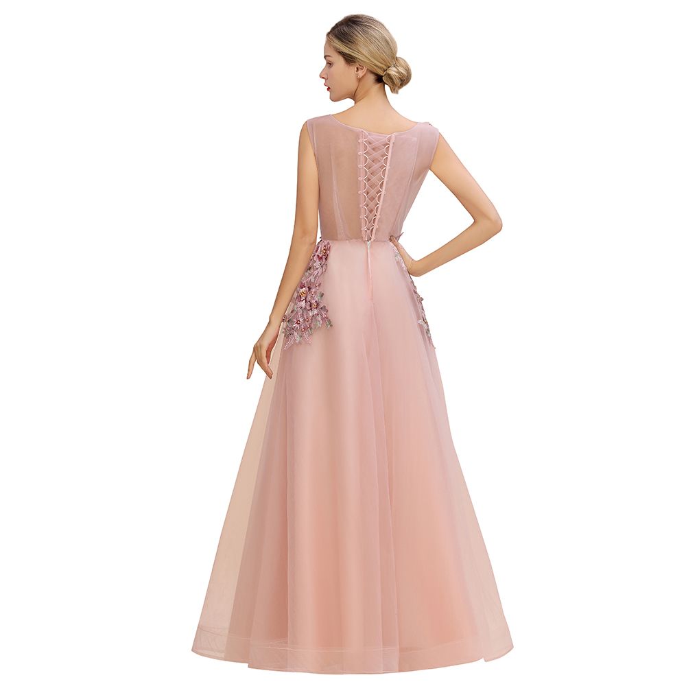Ärmelloses Aline-Abendkleid in Altrosa mit langen Tüll-Spitzenapplikationen