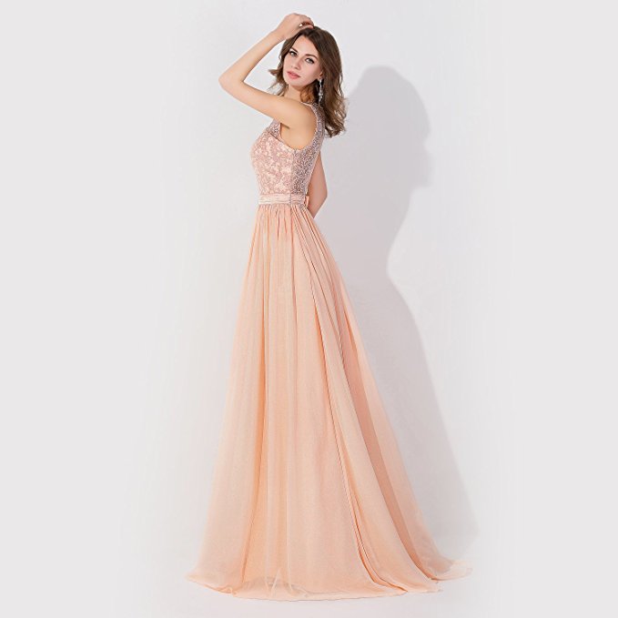 Ärmelloses Chiffon Abendkleid mit Perlenbesatz, Rundhalsausschnitt, A-Linie, Brautjungfernkleid