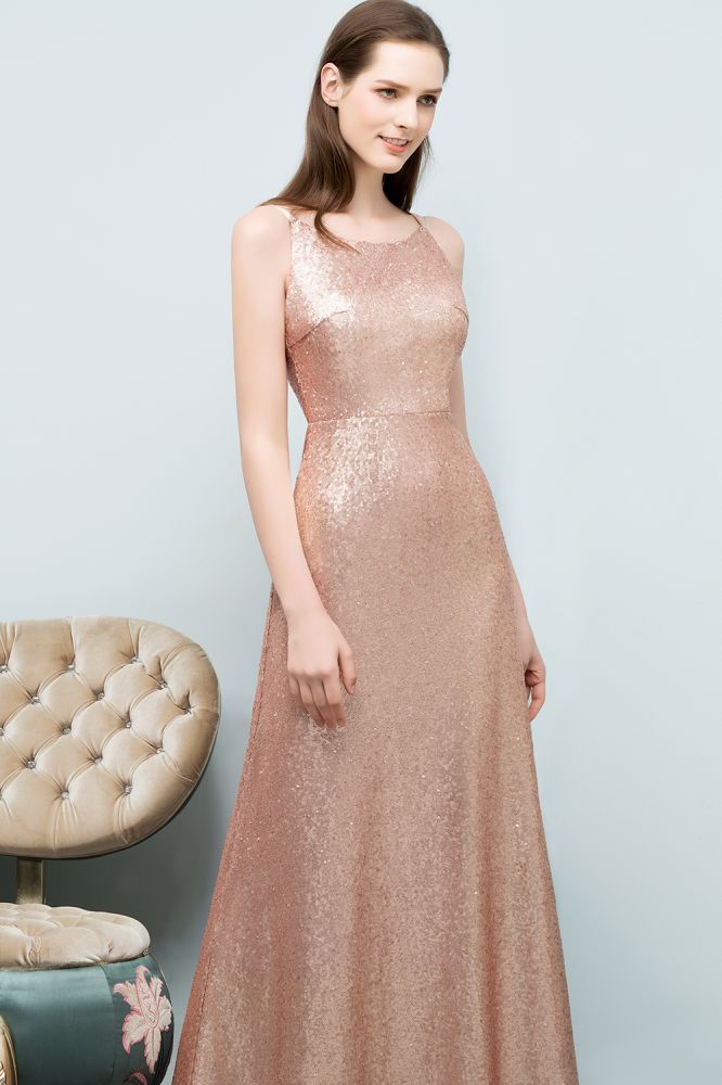 Ärmelloses, bodenlanges A-Linien-Ballkleid mit U-Ausschnitt und Pailletten