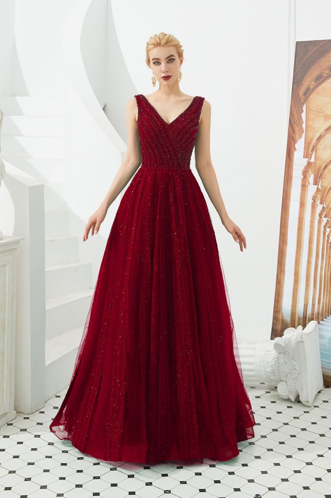 Ärmelloses A-Linien-Abendkleid mit V-Ausschnitt und rückenfreiem Partykleid