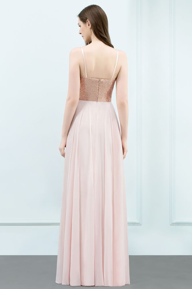 Spaghetti Pailletten Top A-Linie Bodenlang Chiffon Ballkleider