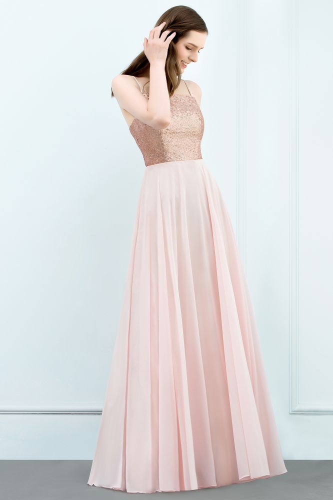 Spaghetti Pailletten Top A-Linie Bodenlang Chiffon Ballkleider