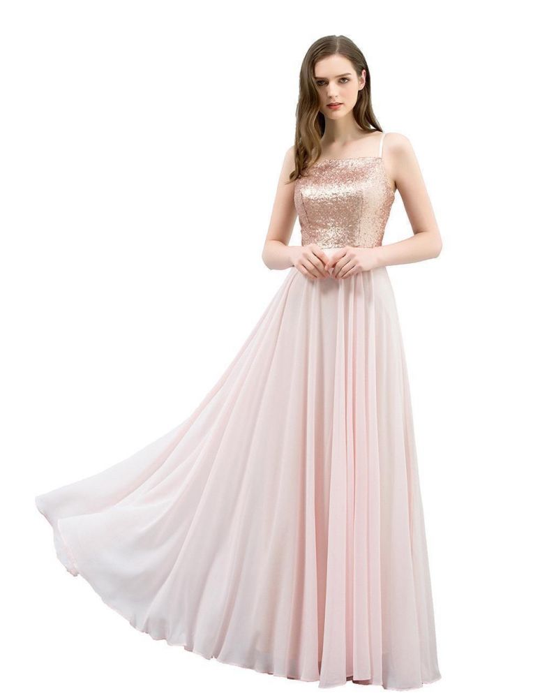 Spaghetti Pailletten Top A-Linie Bodenlang Chiffon Ballkleider