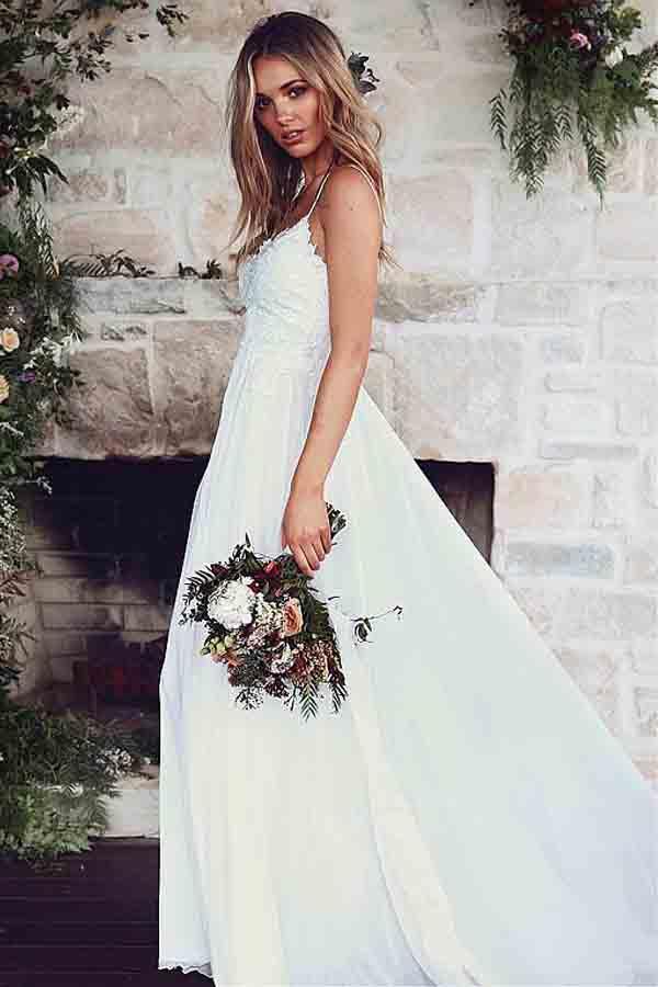 Vestidos de novia de corte A con tirantes finos y apliques de encaje WD186
