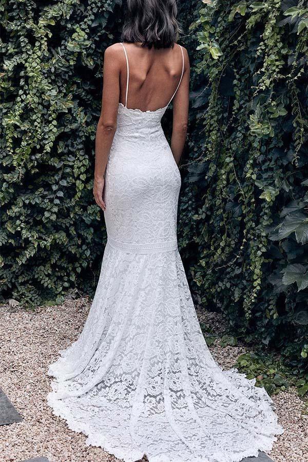 Vestido de novia color marfil con tirantes finos, corte sirena y encaje WD061