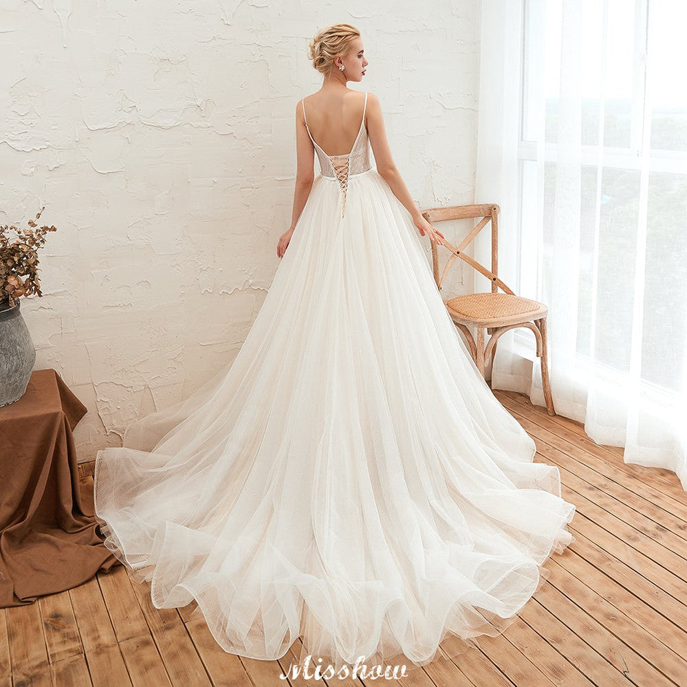 Spaghettiträger Tiefer V-Ausschnitt Brautkleid Tiefer Rücken Champagner Brautkleid