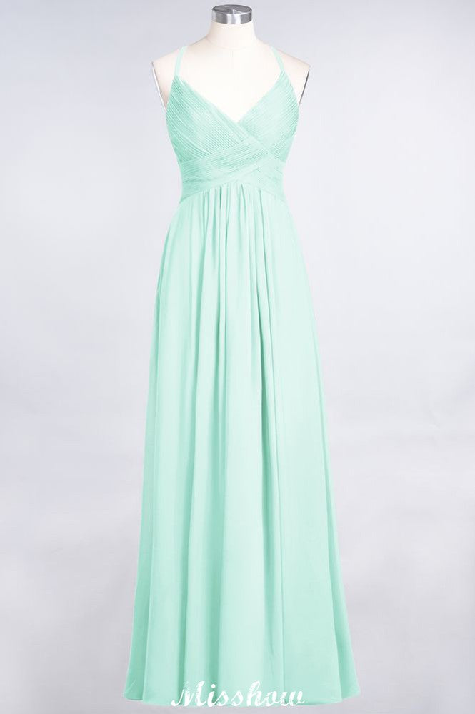 Spaghettiträger V-Ausschnitt Ärmelloses bodenlanges Brautjungfernkleid