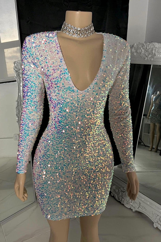 Sparking V-neck Long Sleeves Mini Prom Dress With Beads