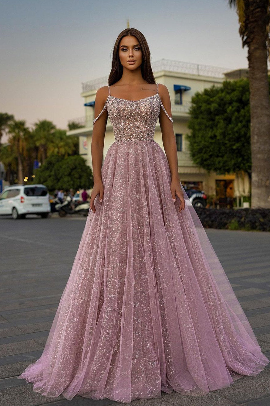 Vestido de fiesta largo hasta el suelo con tirantes finos y brillantes de Aline