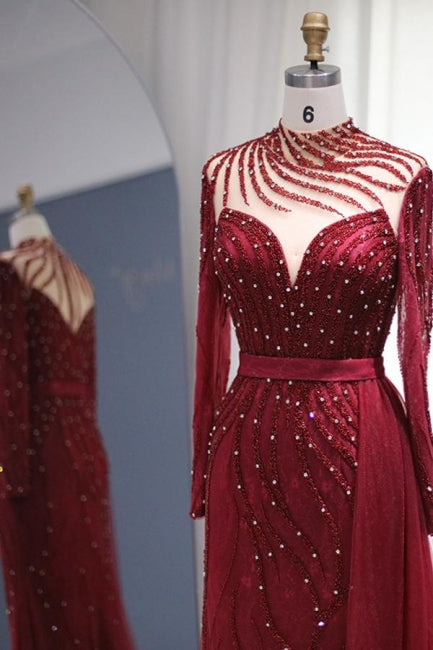 Vestidos de fiesta de sirena con mangas largas en burdeos brillante, lujosos vestidos de noche