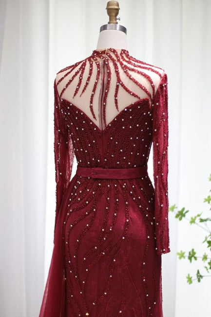 Vestidos de fiesta de sirena con mangas largas en burdeos brillante, lujosos vestidos de noche