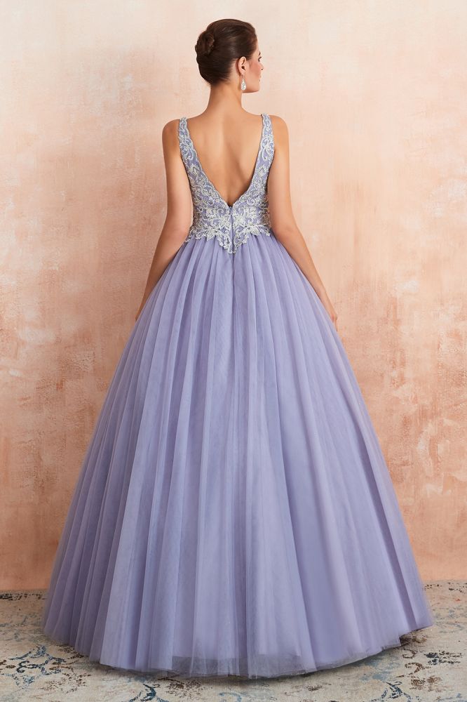 Vestido de fiesta largo hasta el suelo con tul y cristales, con escote en V doble y brillante