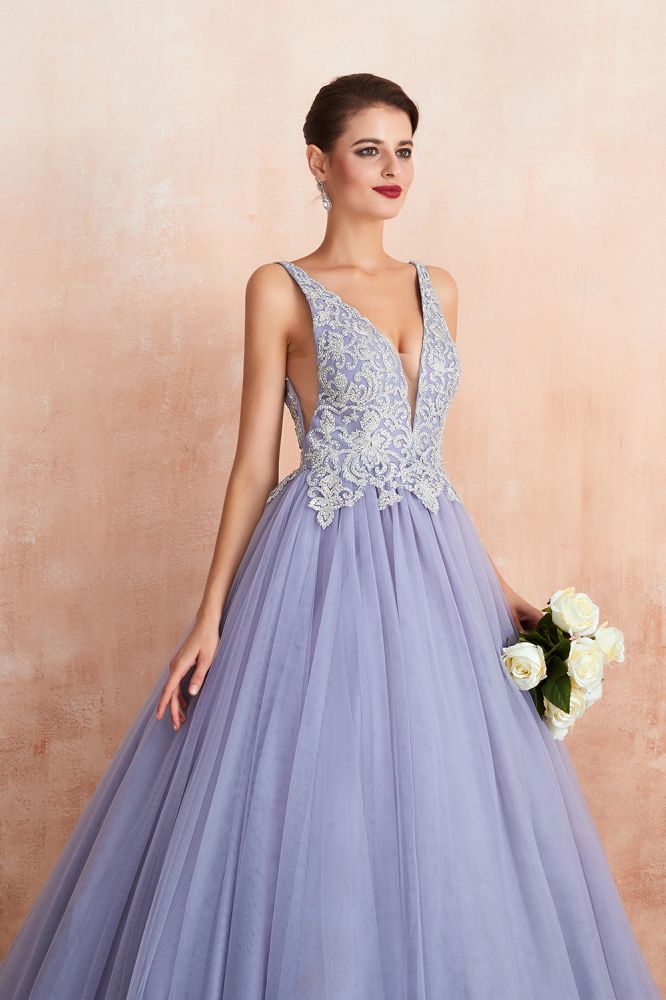 Vestido de fiesta largo hasta el suelo con tul y cristales, con escote en V doble y brillante