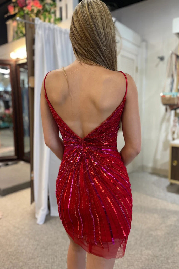 Vestido de fiesta ajustado con escote en V y lentejuelas doradas brillantes