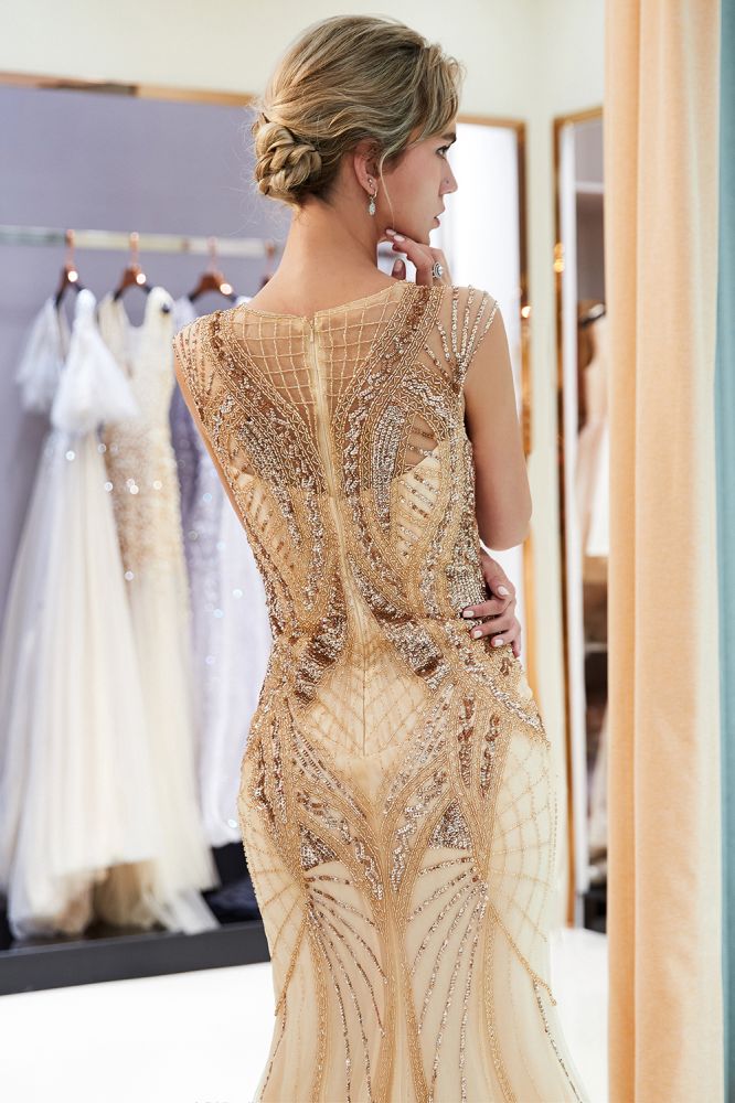 Vestido de fiesta formal de sirena brillante sin mangas con lentejuelas doradas y cuentas