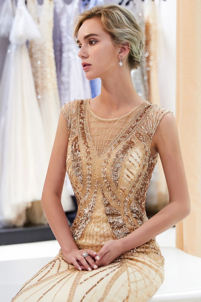 Vestido de fiesta formal de sirena brillante sin mangas con lentejuelas doradas y cuentas