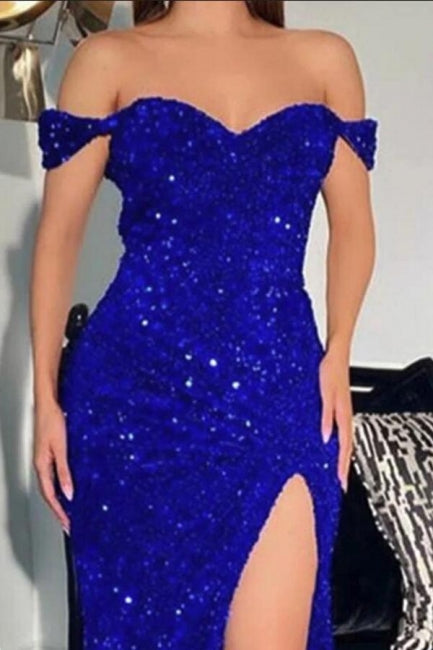 Sparkly Red Off-the-shoulder Long Mermaid Prom Dresses With Slit