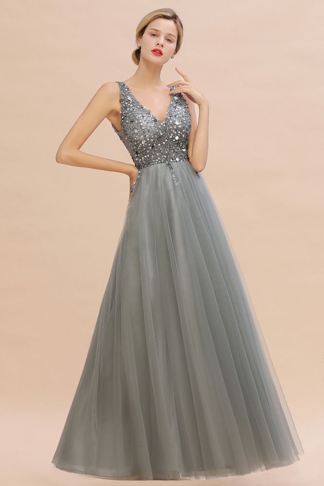 Glitzernde Pailletten V-Ausschnitt A-Linie Abend Maxikleid Tüll Ballkleid