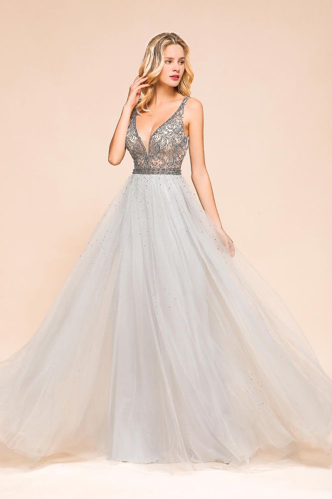 Funkelndes A-Linien-Abendkleid mit V-Ausschnitt und bodenlangem ärmellosem Hochzeitspartykleid