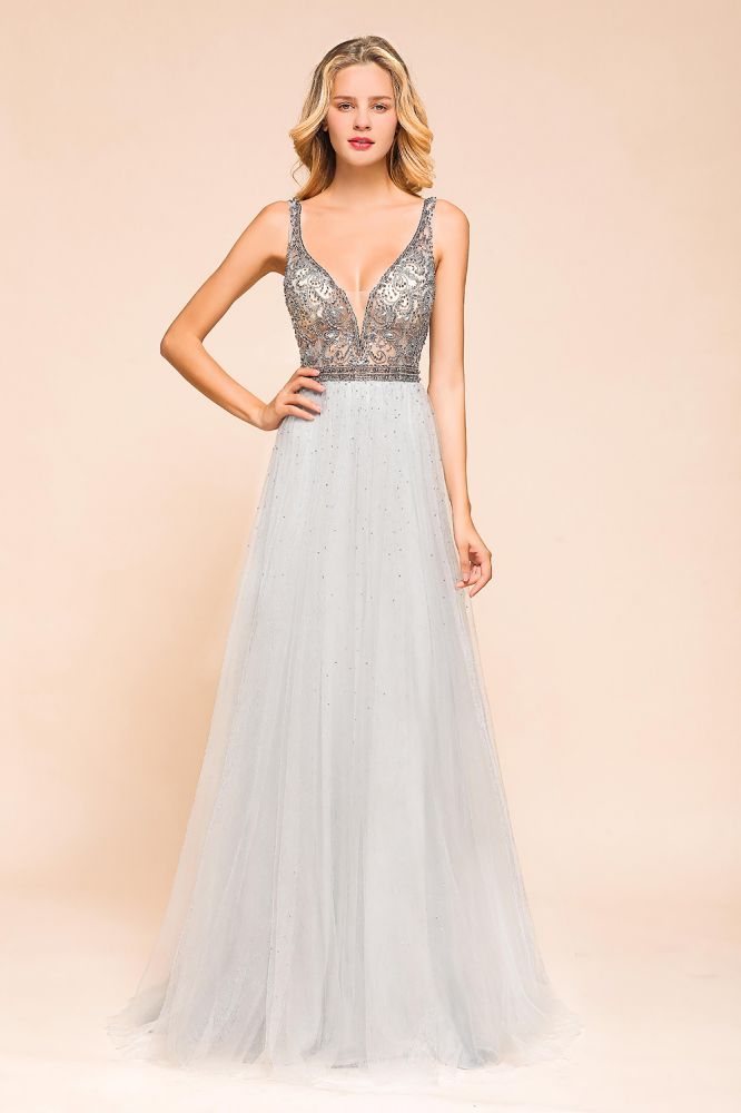 Funkelndes A-Linien-Abendkleid mit V-Ausschnitt und bodenlangem ärmellosem Hochzeitspartykleid