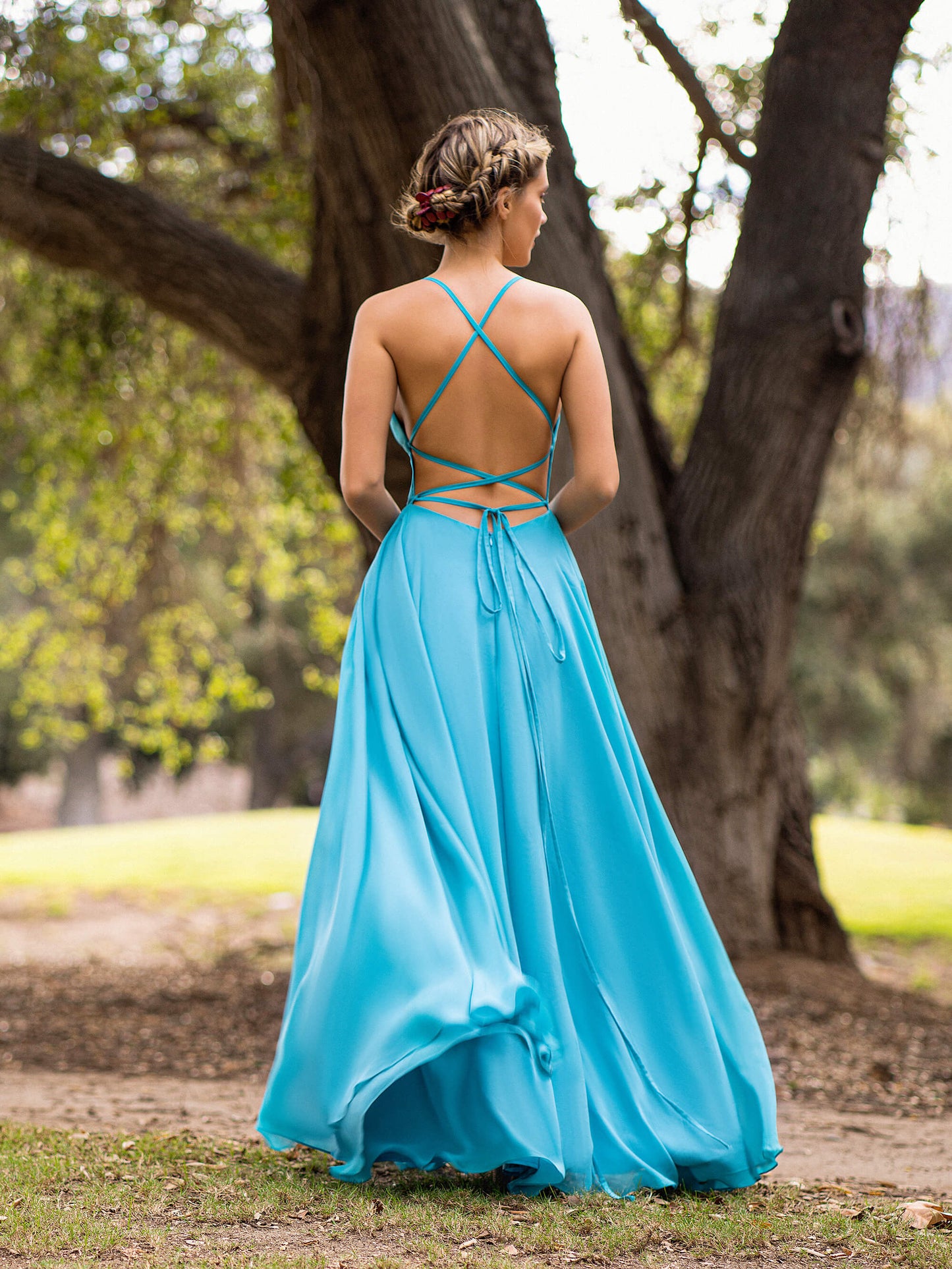 A-Linien-Ballkleid aus Chiffon mit geradem Ausschnitt und bodenlangem Rücken