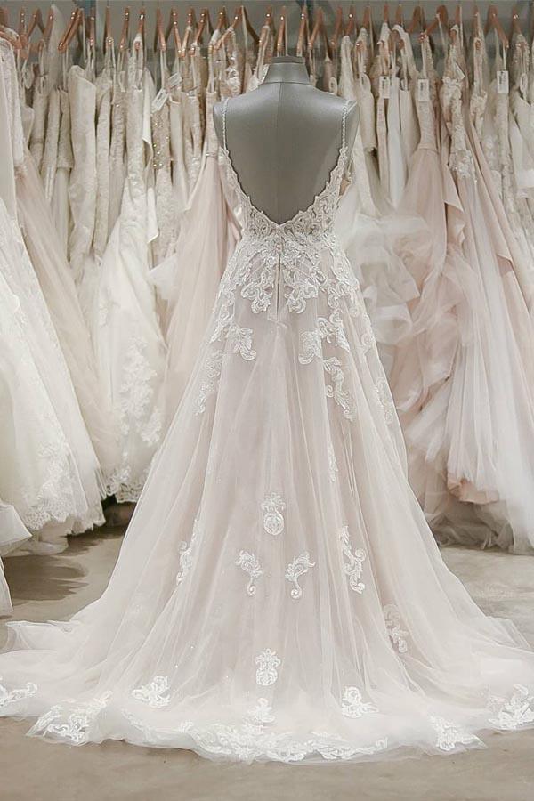 Strap V Neck Beach Wedding Dresses Backless Ivory Tulle Wedding Dress WD309
