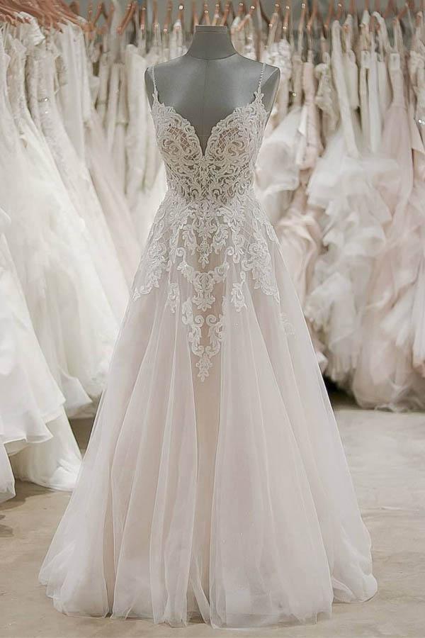 Strap V Neck Beach Wedding Dresses Backless Ivory Tulle Wedding Dress WD309