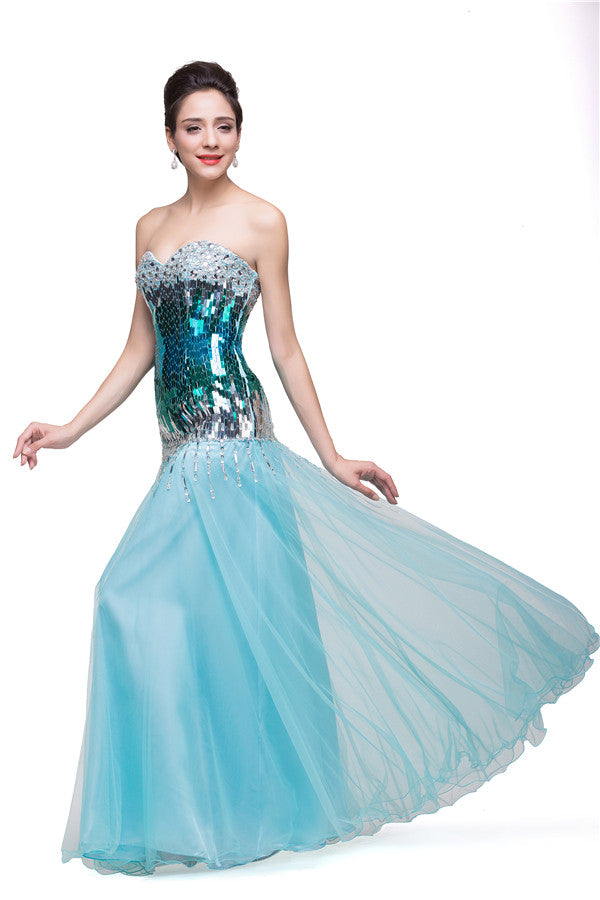 Strapless Floor-length Mermaid Tulle Sequins Porm Dresses