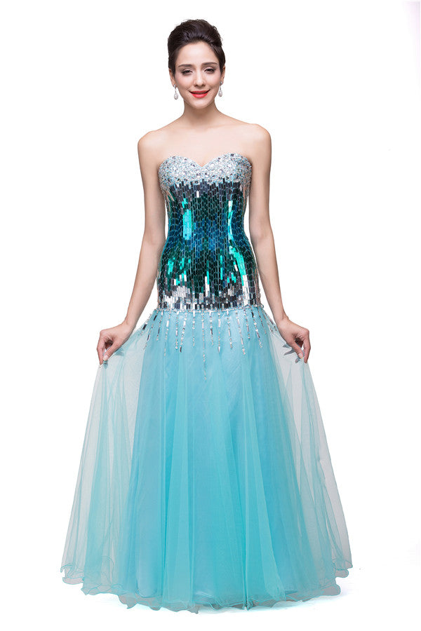 Strapless Floor-length Mermaid Tulle Sequins Porm Dresses