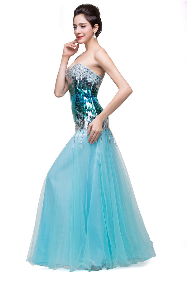 Strapless Floor-length Mermaid Tulle Sequins Porm Dresses