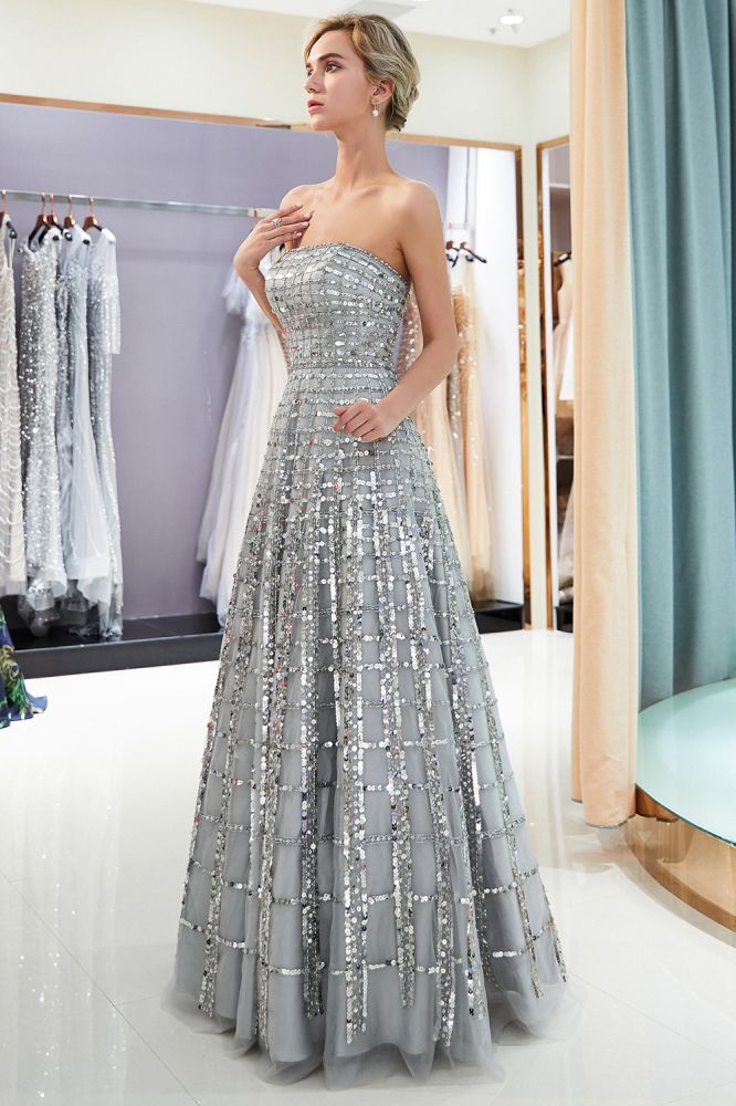 Trägerloses Pailletten-Partykleid aus Chiffon in A-Linie und bodenlangem Ballkleid