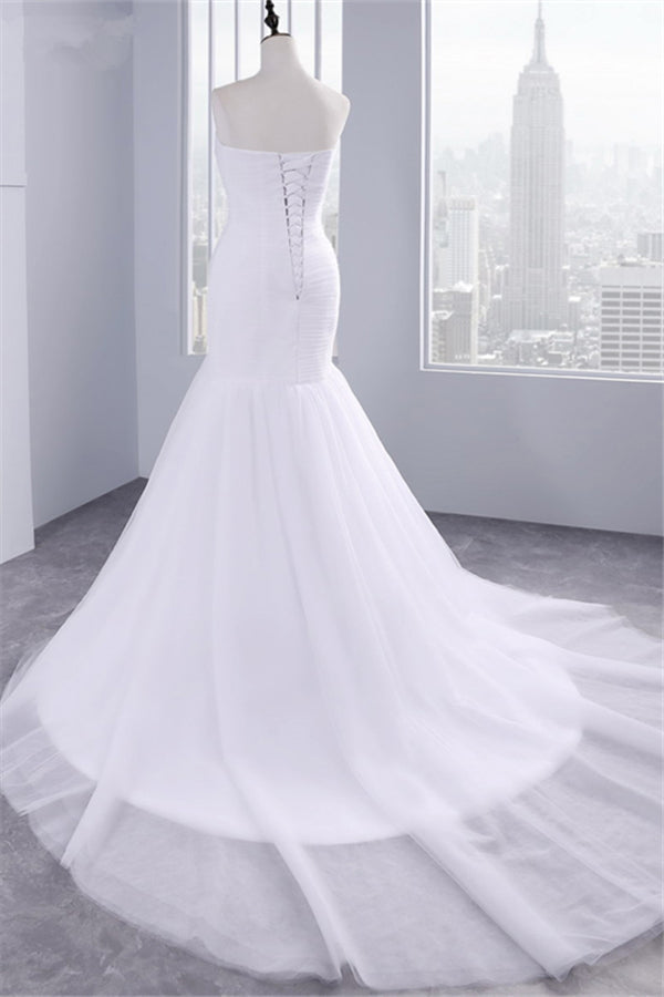 Trägerloses Sweetheart Meerjungfrau Brautkleid Spitze Rüschenlos Tüll Brautmode