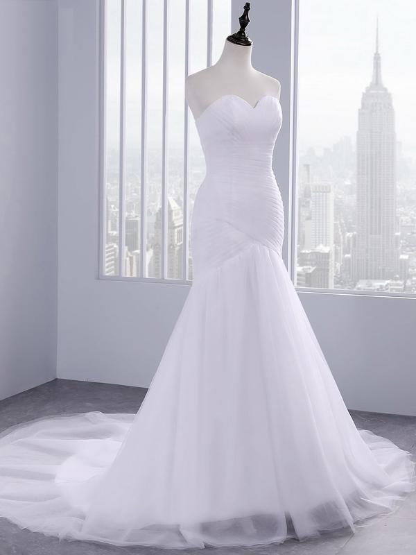 Trägerloses Sweetheart Meerjungfrau Brautkleid Spitze Rüschenlos Tüll Brautmode