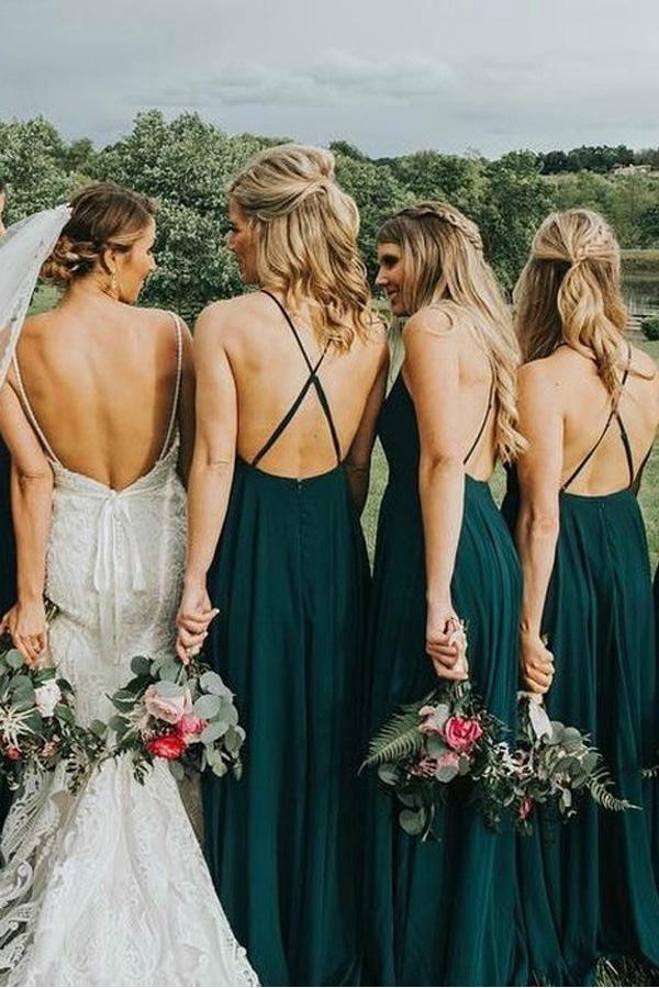 Straps Dark Green Long Bridesmaid Dress with Criss Cross Back BD076