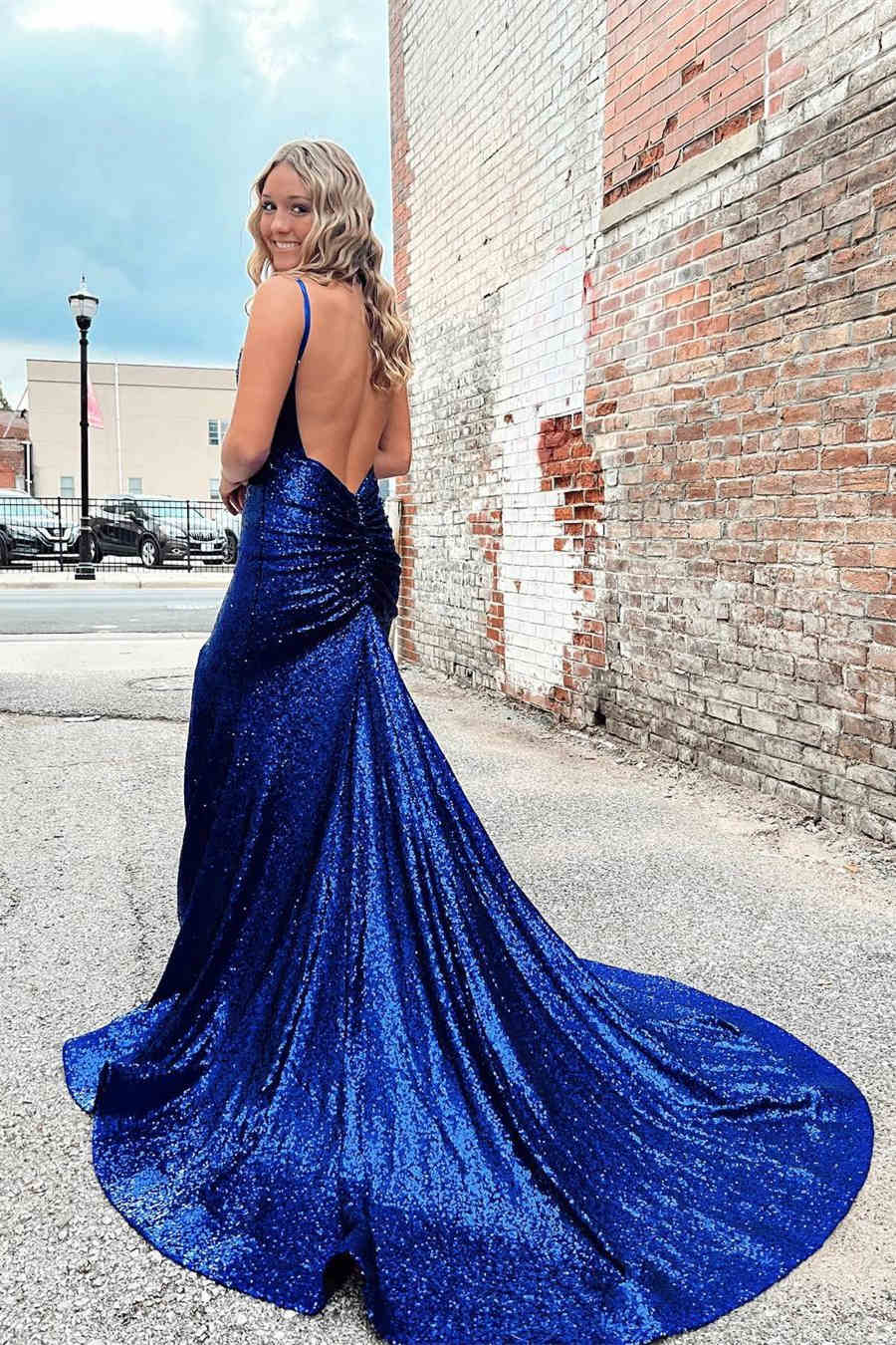 Träger Meerjungfrau Ballkleid mit Schlitz in Königsblau