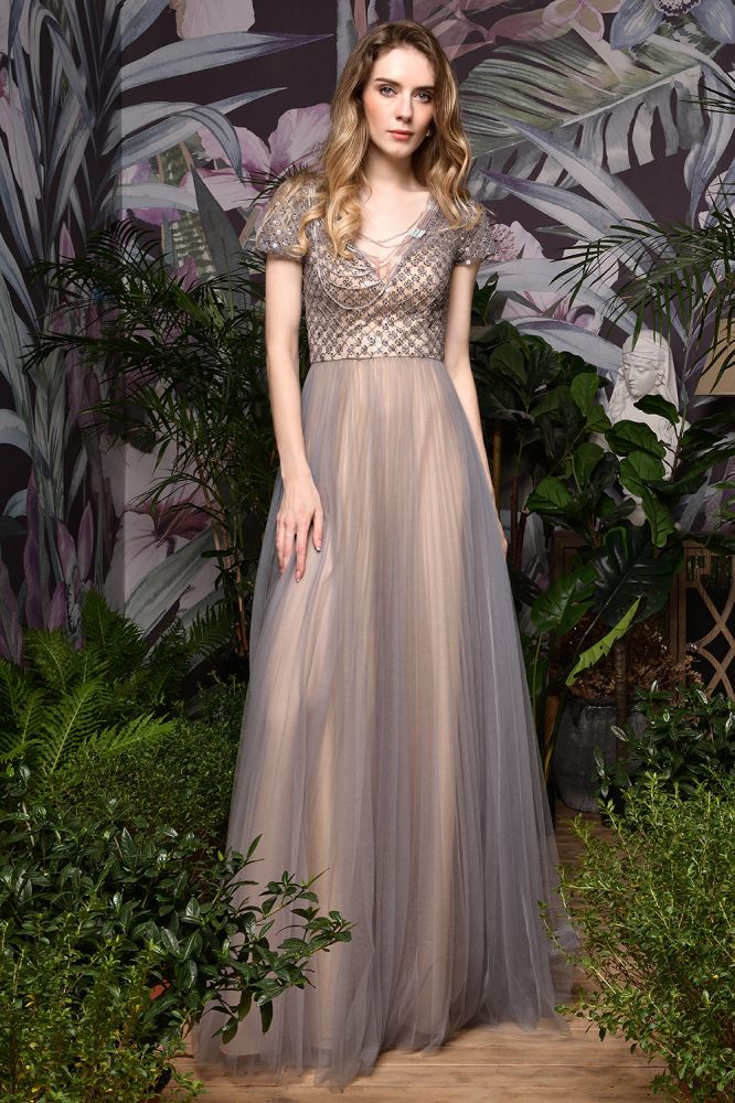Auffälliges A-Linie Langes Abendkleid Quincenera Swing Kleid Kurze Ärmel