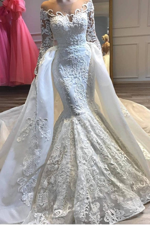 Atemberaubendes Brautkleid im Meerjungfrauen-Stil mit Rundhalsausschnitt und abnehmbarer Schleppe