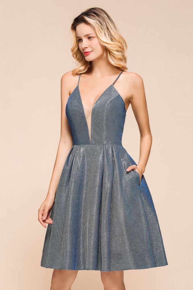 Stunning Double V-Neck Bright Silk Mini Party Dress Sleeveless Homecoming Dress