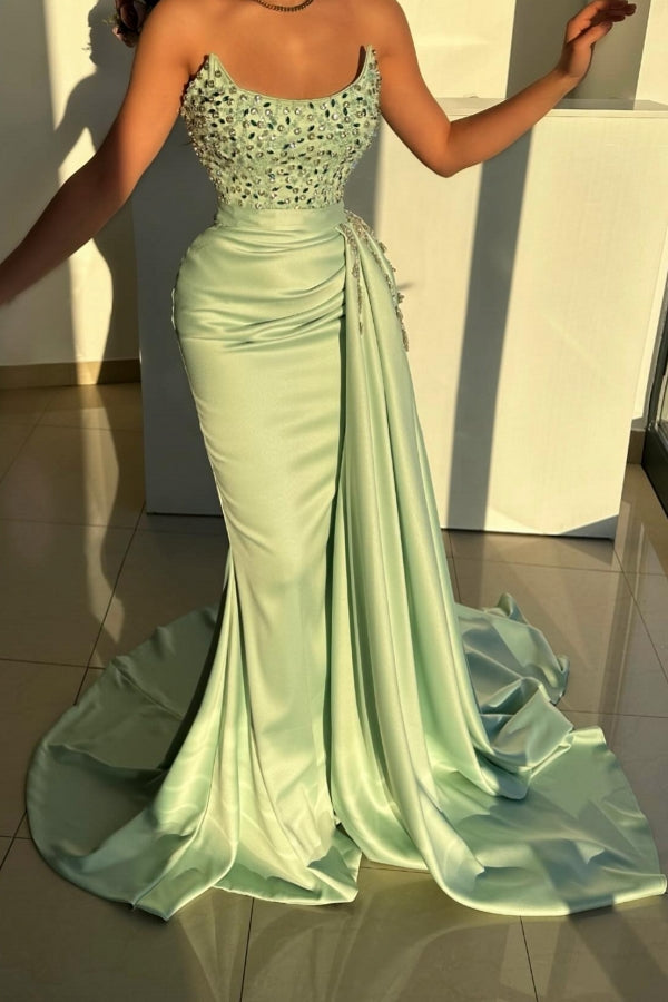 Atemberaubendes langes, trägerloses, ärmelloses Ballkleid im Meerjungfrau-Stil mit Perlenbesatz und Schmucksteinen