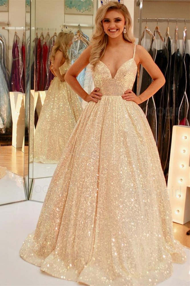 Atemberaubendes langes Ballkleid in A-Linie mit rosa Pailletten