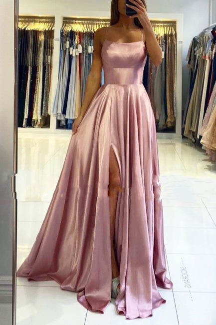 Stunning Spaghetti Straps Satin Evening Dress with Side Slit