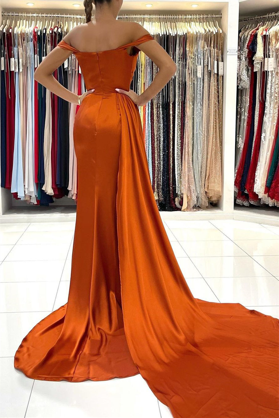 Stunning Stretch Satin Off Shoulder Evening Gown with Side Slit Detachable Train