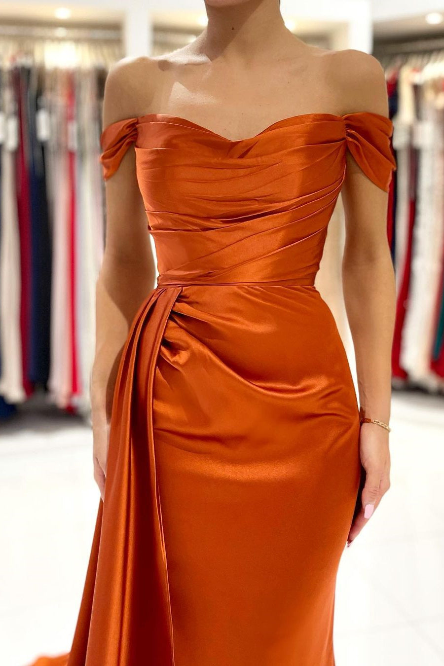Stunning Stretch Satin Off Shoulder Evening Gown with Side Slit Detachable Train