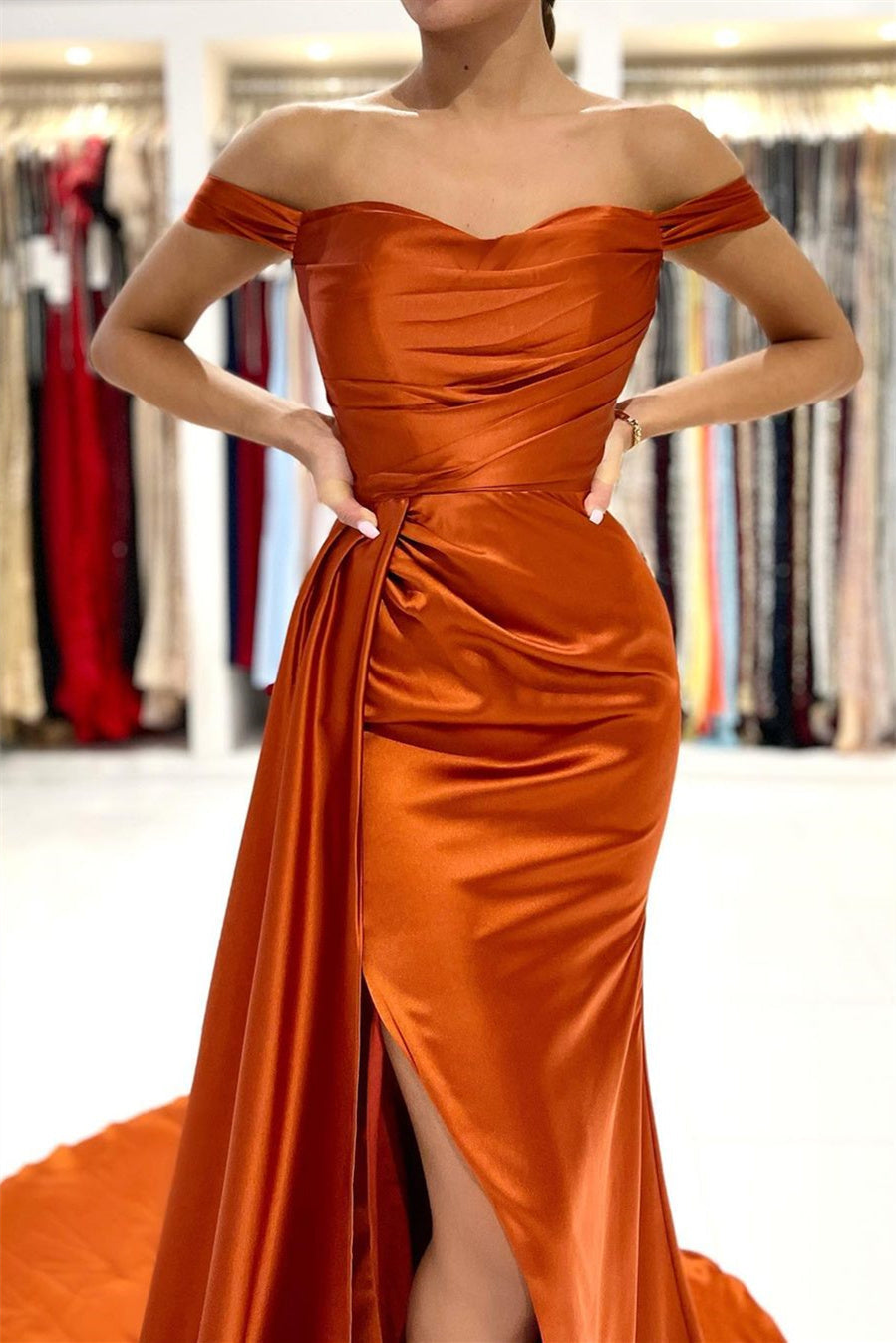 Stunning Stretch Satin Off Shoulder Evening Gown with Side Slit Detachable Train