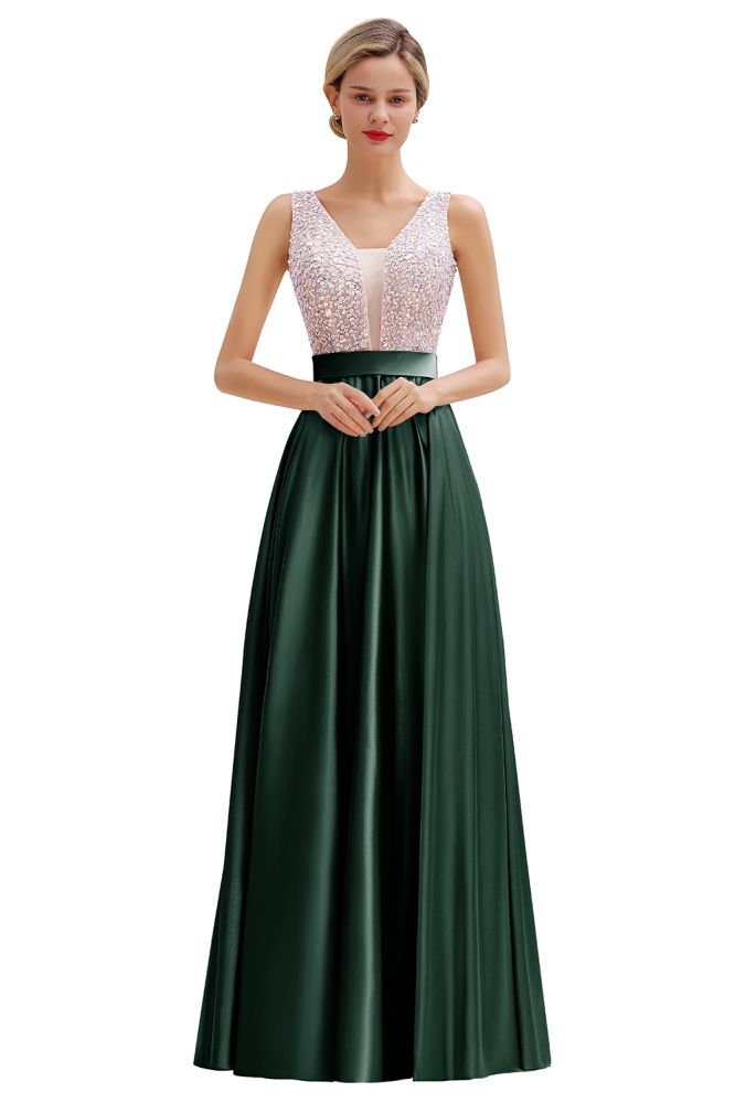 Stilvolles rückenfreies bodenlanges Abendkleid aus Satin mit V-Ausschnitt